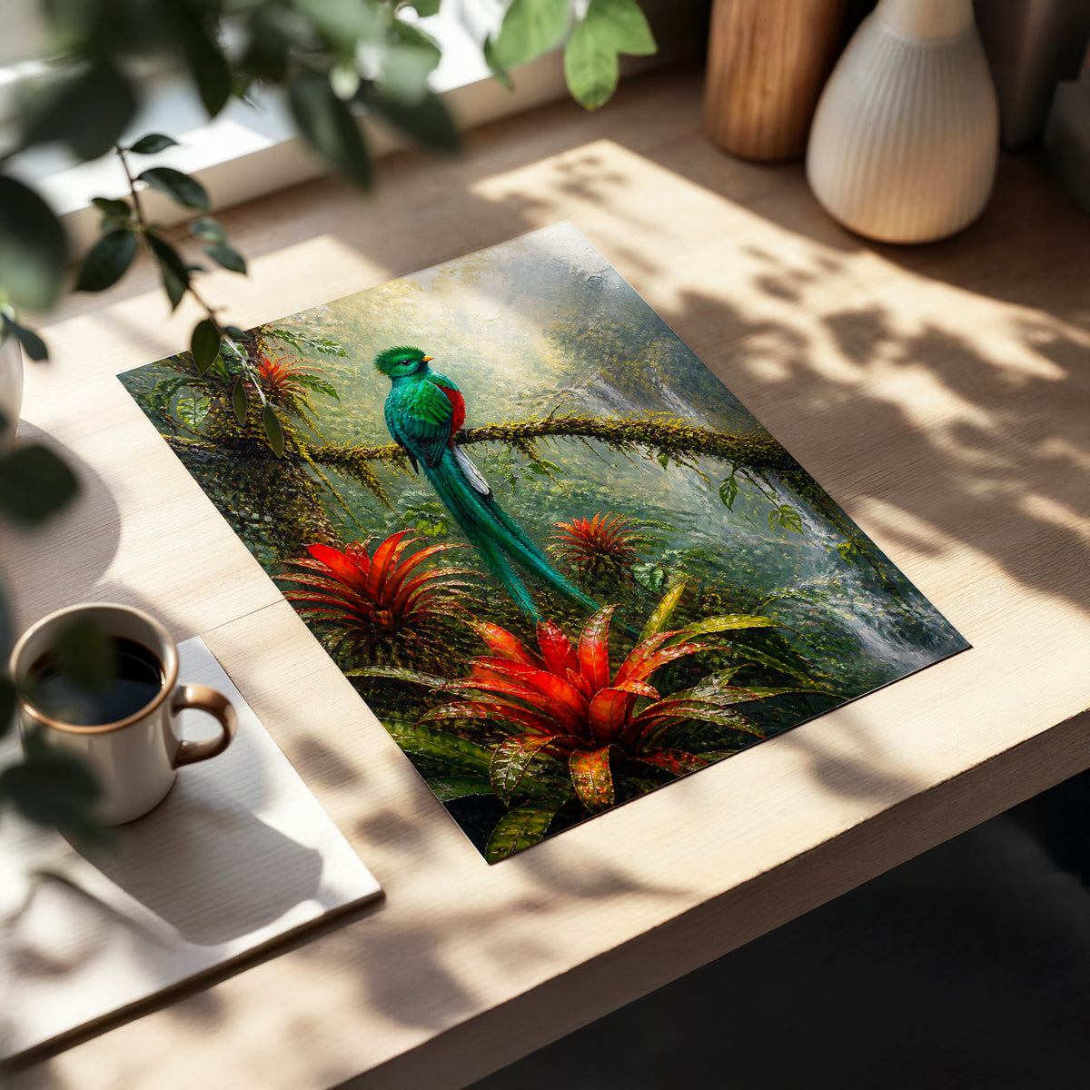 Emerald Rainforest, green, red, beige nature wall art displayed in a styled interior, gallery view 2
