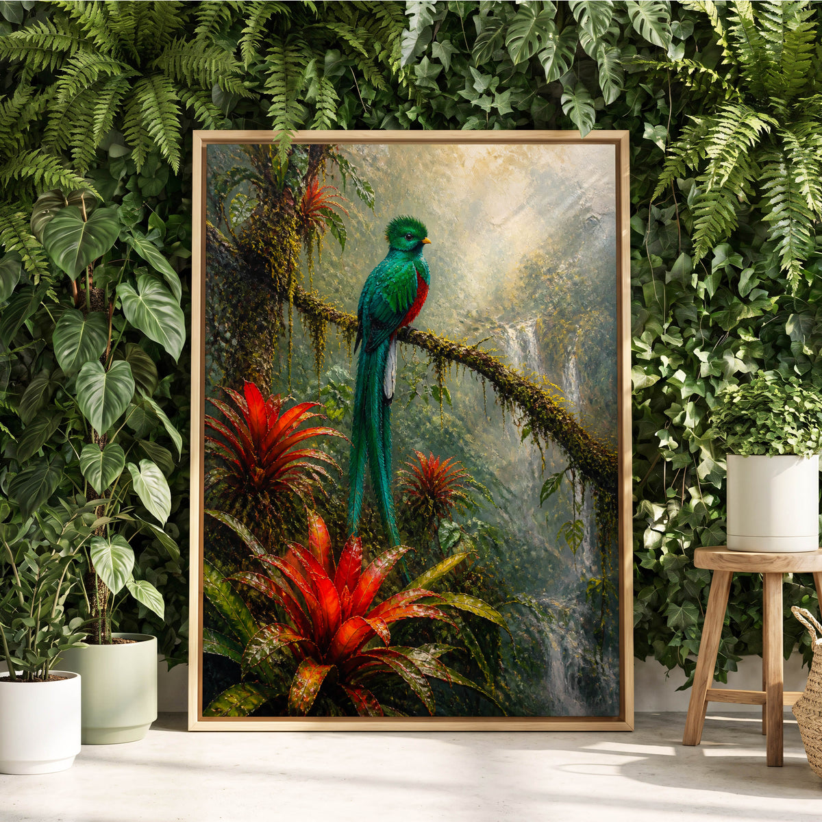 Emerald Rainforest, green, red, beige nature wall art displayed in a styled interior, gallery view 3