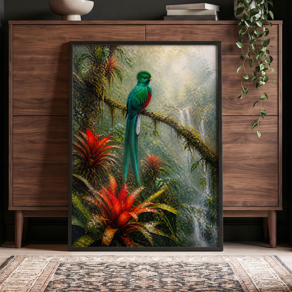 Emerald Rainforest, green, red, beige nature wall art displayed in a styled interior, gallery view 5