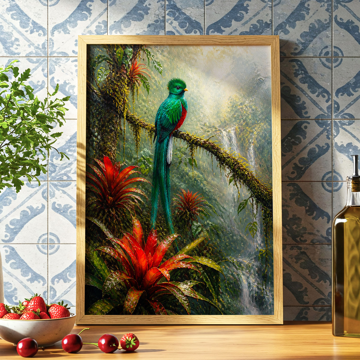 Emerald Rainforest, green, red, beige nature wall art displayed in a styled interior, gallery view 6