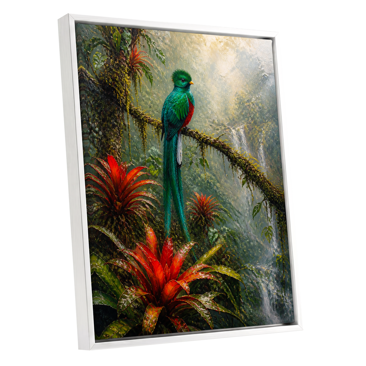 Emerald Rainforest, green, red, beige nature wall art shown as a white framed canvas wall art