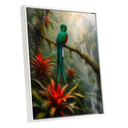 Emerald Rainforest, green, red, beige nature wall art shown as a white framed canvas wall art