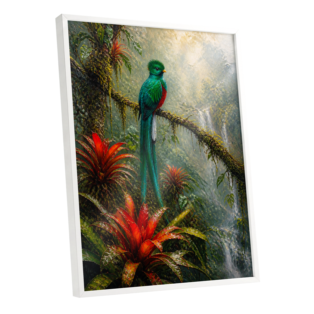 Emerald Rainforest, green, red, beige nature wall art shown as a white framed poster wall art print