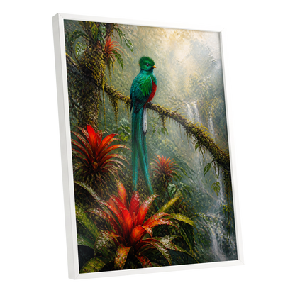 Emerald Rainforest, green, red, beige nature wall art shown as a white framed poster wall art print