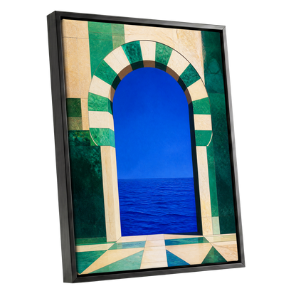 Emerald Sea Portal, blue, green, beige nature wall art shown as a black framed canvas wall art