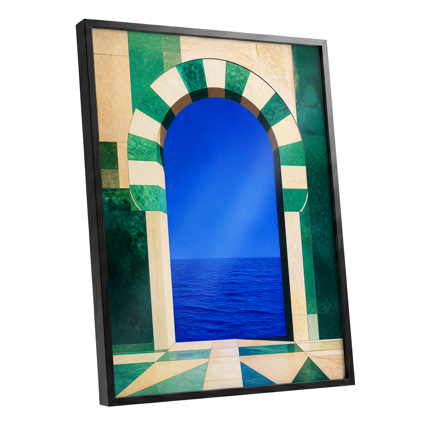 Emerald Sea Portal, blue, green, beige nature wall art shown as a black framed poster wall art print