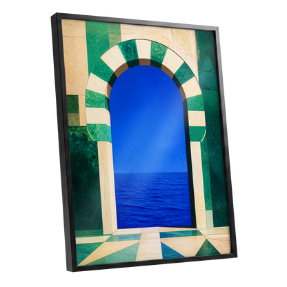 Emerald Sea Portal, blue, green, beige nature wall art shown as a black framed poster wall art print