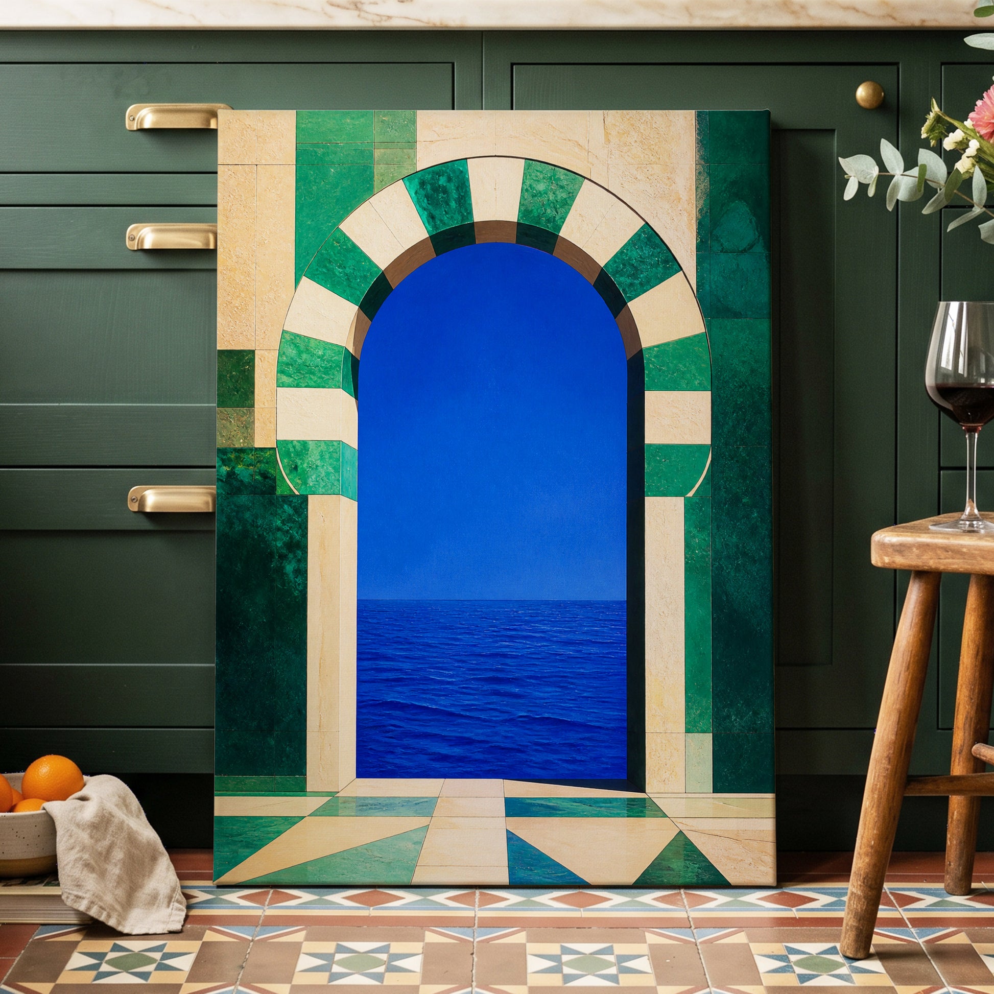 Emerald Sea Portal, blue, green, beige nature wall art on canvas displayed in a styled interior, gallery view 1