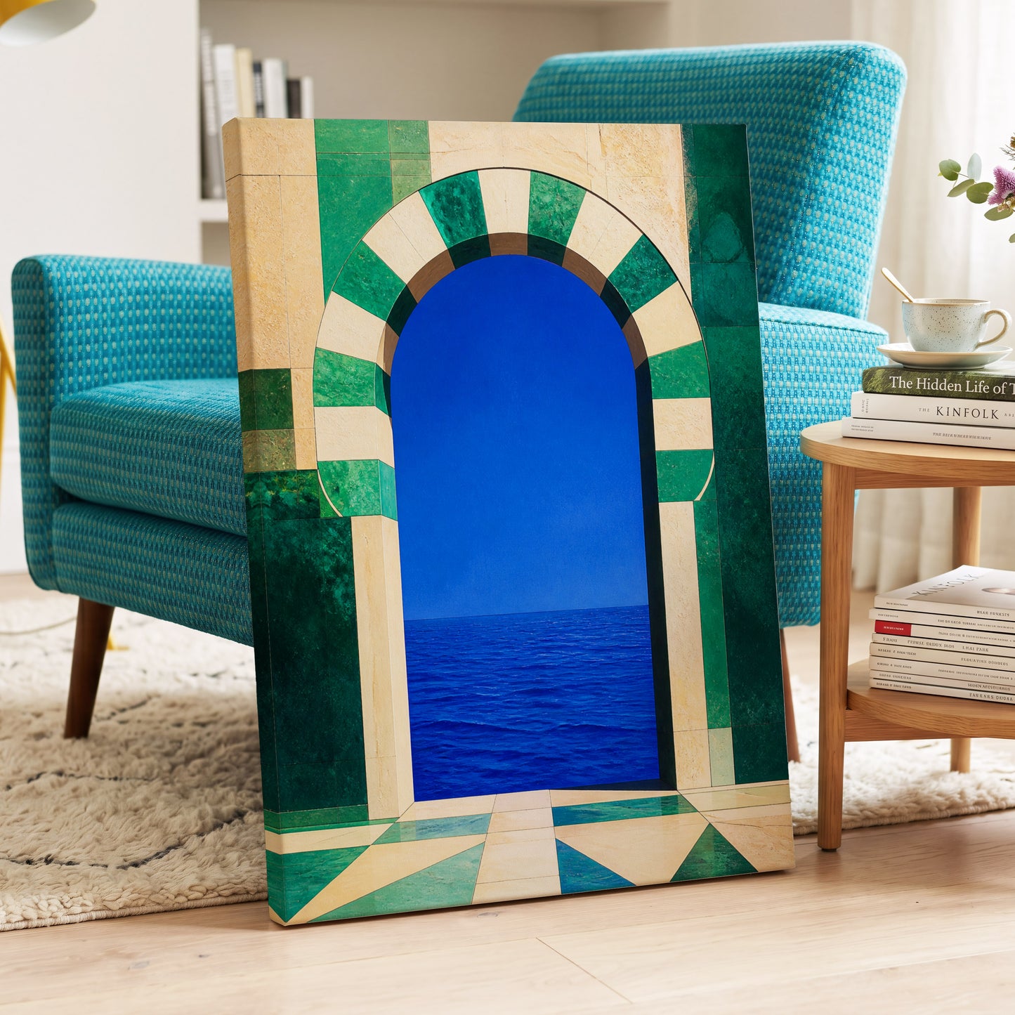 Emerald Sea Portal, blue, green, beige nature wall art on canvas displayed in a styled interior, gallery view 2
