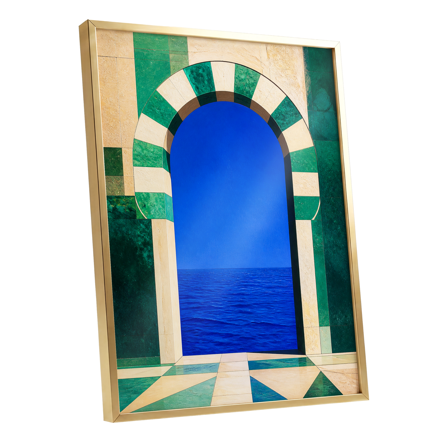 Emerald Sea Portal, blue, green, beige nature wall art shown as a gold framed poster wall art print