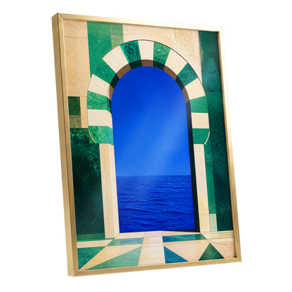 Emerald Sea Portal, blue, green, beige nature wall art shown as a gold framed poster wall art print