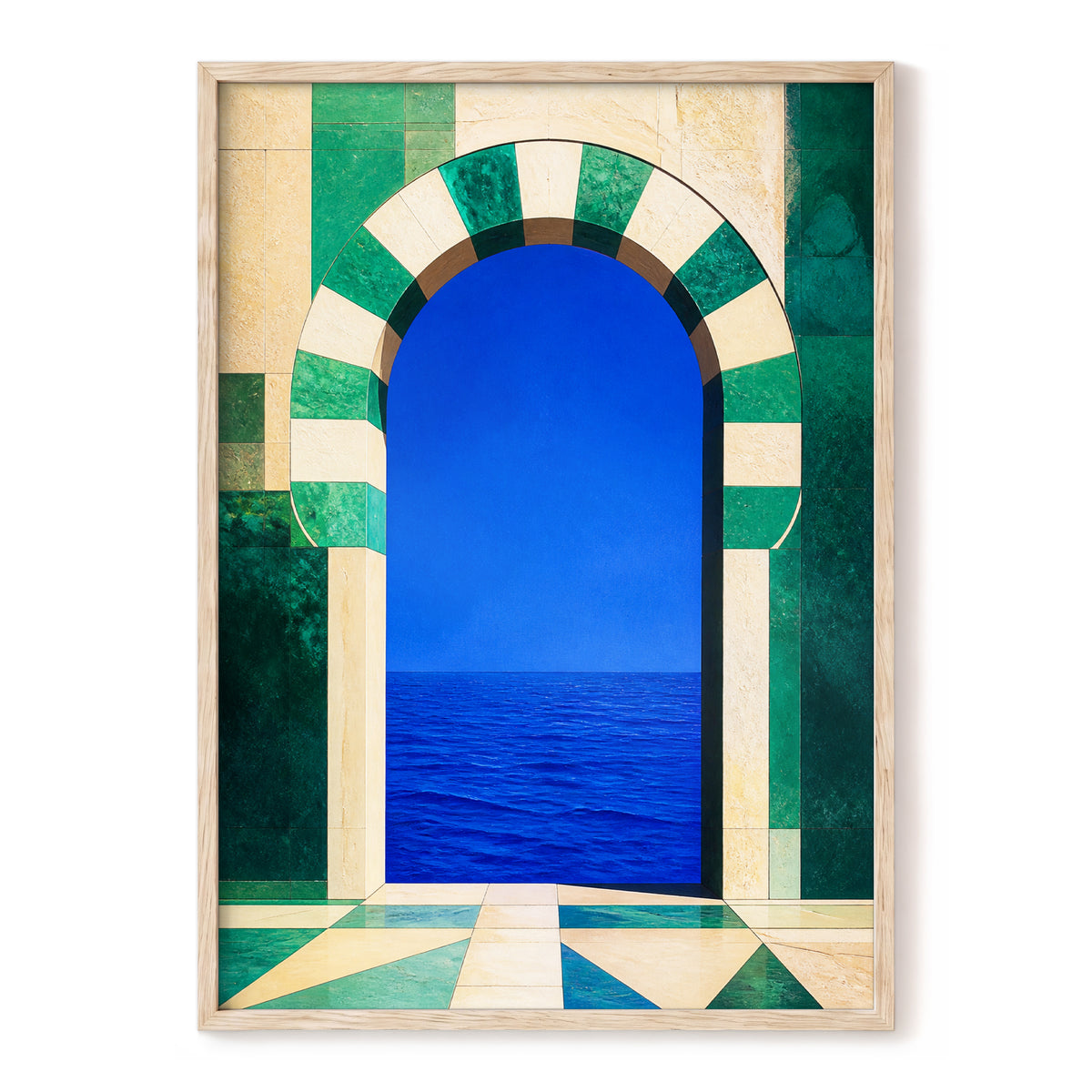 Emerald Sea Portal, blue, green, beige nature wall art, front artwork view