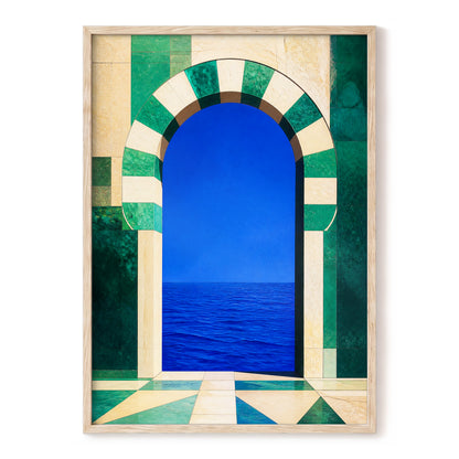 Emerald Sea Portal, blue, green, beige nature wall art, front artwork view