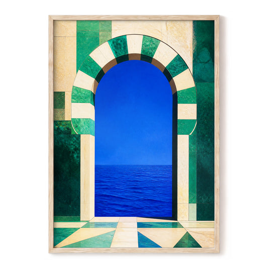 Emerald Sea Portal, blue, green, beige nature wall art, front artwork view