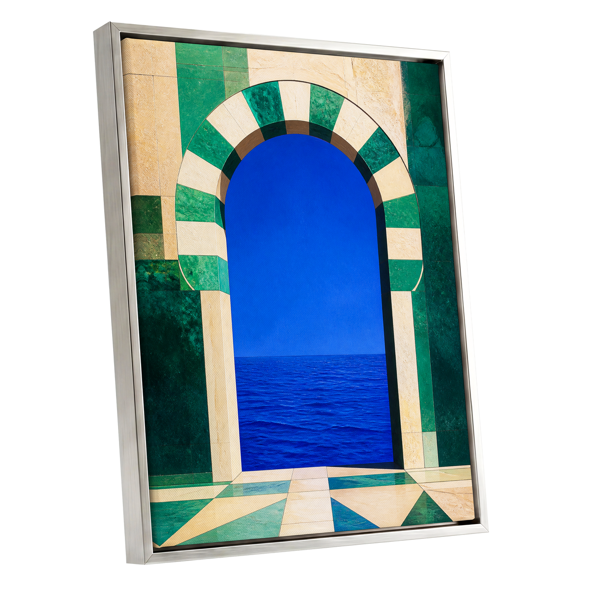Emerald Sea Portal, blue, green, beige nature wall art shown as a silver framed canvas wall art