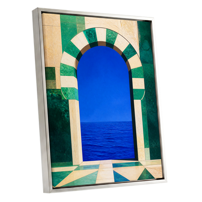 Emerald Sea Portal, blue, green, beige nature wall art shown as a silver framed canvas wall art
