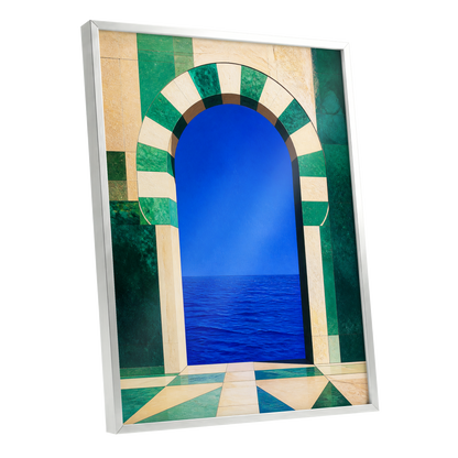 Emerald Sea Portal, blue, green, beige nature wall art shown as a silver framed poster wall art print