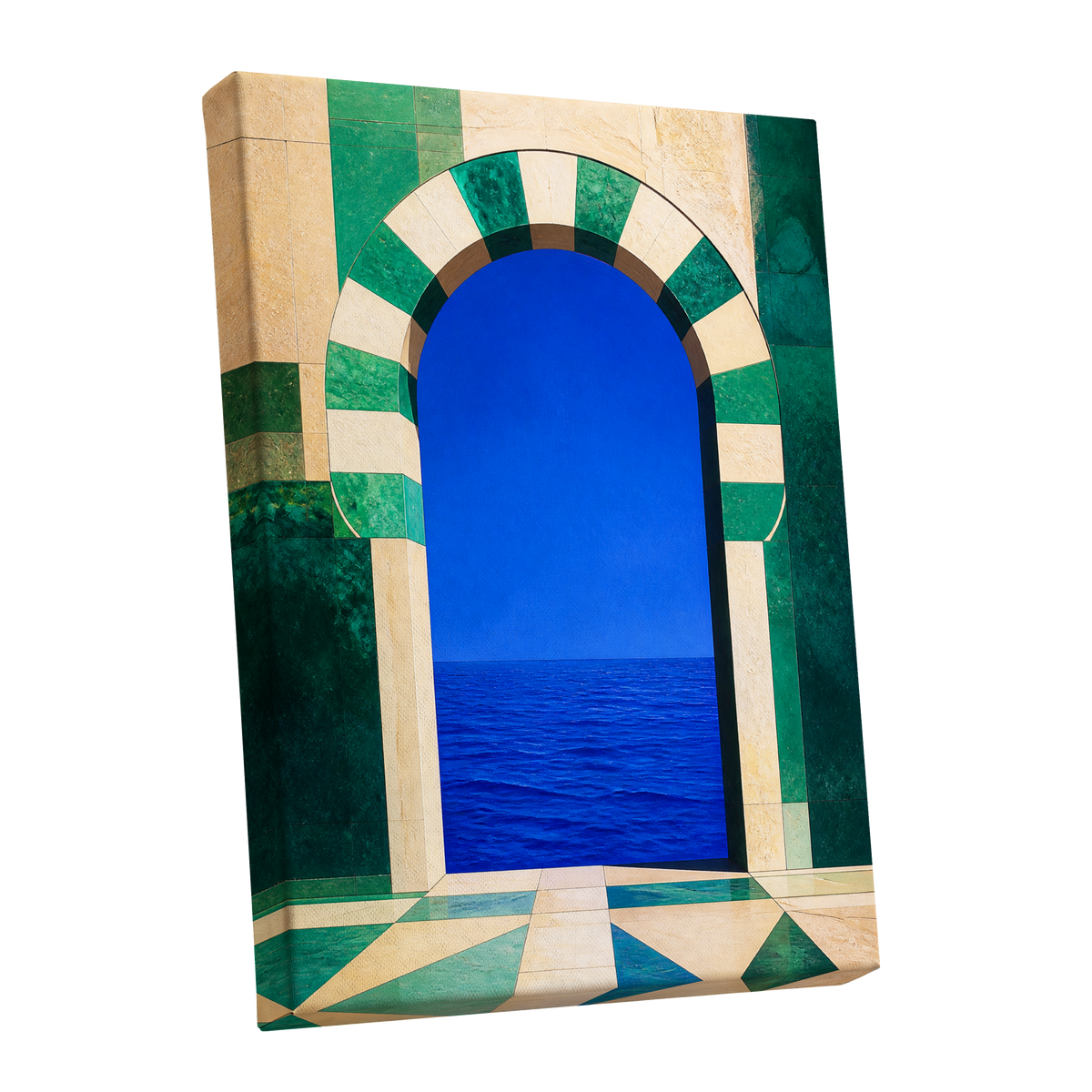 Emerald Sea Portal, blue, green, beige nature wall art shown as a stretched canvas wall art