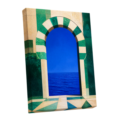 Emerald Sea Portal, blue, green, beige nature wall art shown as a stretched canvas wall art