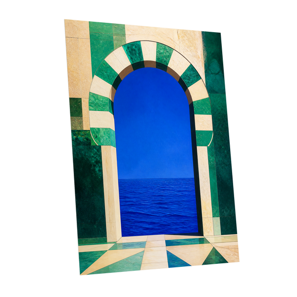 Emerald Sea Portal, blue, green, beige nature wall art shown as a unframed poster wall art print