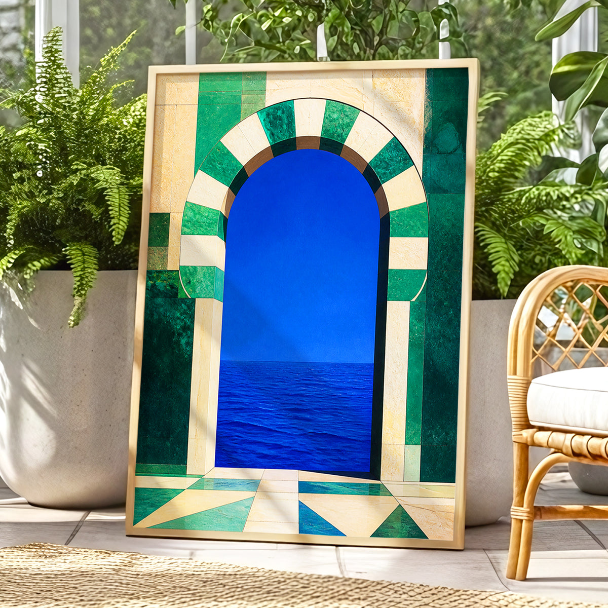 Emerald Sea Portal, blue, green, beige nature wall art displayed in a styled interior, gallery view 1