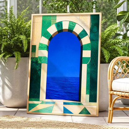 Emerald Sea Portal, blue, green, beige nature wall art displayed in a styled interior, gallery view 1