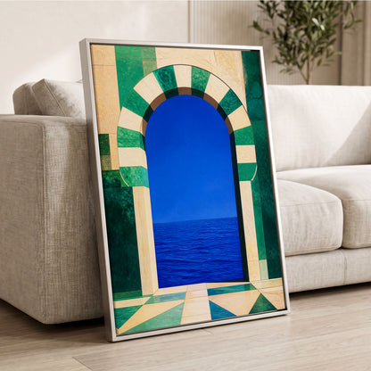 Emerald Sea Portal, blue, green, beige nature wall art displayed in a styled interior, gallery view 2