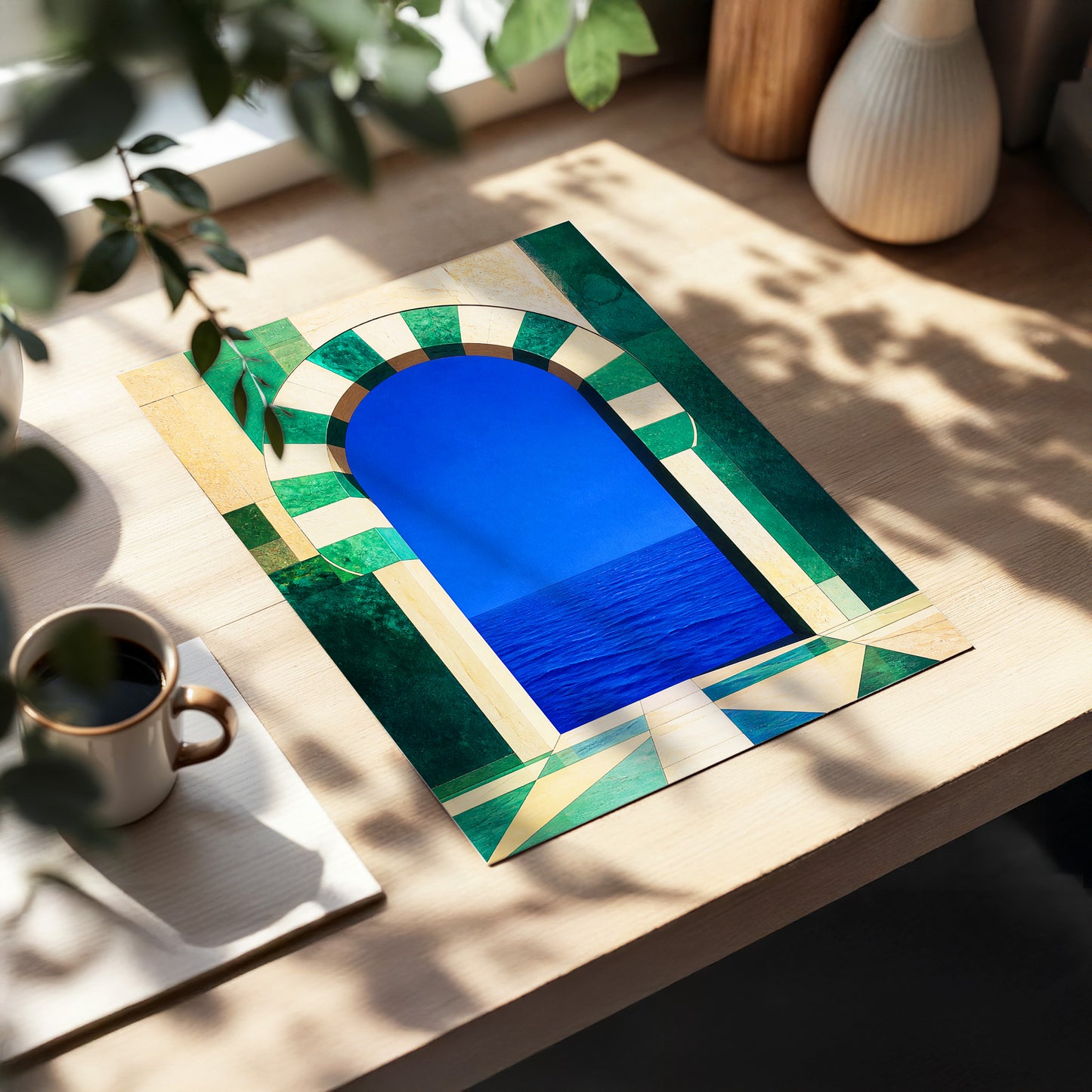 Emerald Sea Portal, blue, green, beige nature wall art displayed in a styled interior, gallery view 3