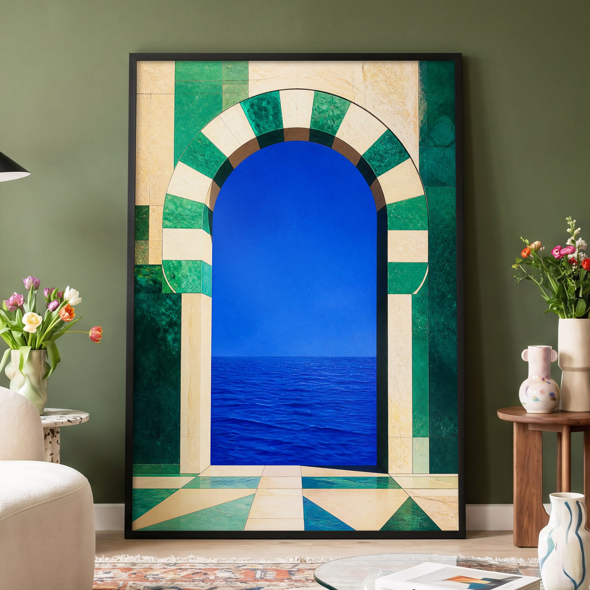 Emerald Sea Portal, blue, green, beige nature wall art displayed in a styled interior, gallery view 4