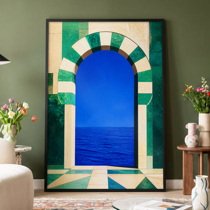 Emerald Sea Portal, blue, green, beige nature wall art displayed in a styled interior, gallery view 4