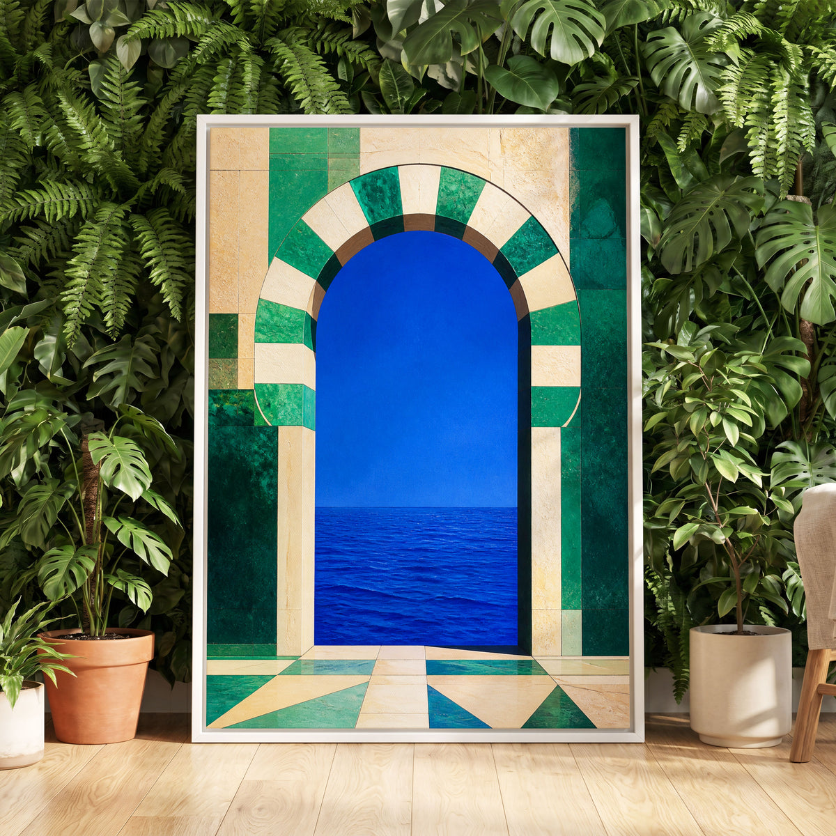Emerald Sea Portal, blue, green, beige nature wall art displayed in a styled interior, gallery view 5