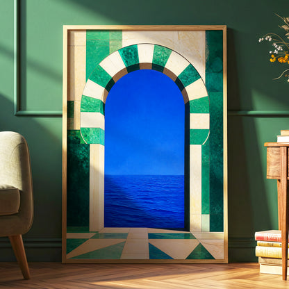 Emerald Sea Portal, blue, green, beige nature wall art displayed in a styled interior, gallery view 6