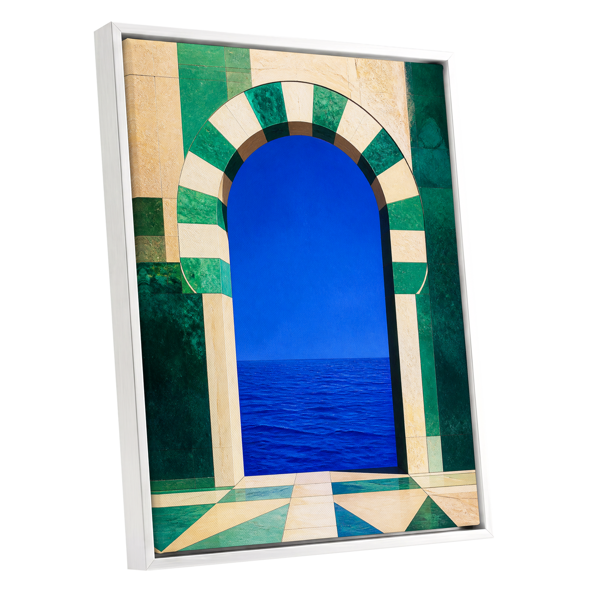 Emerald Sea Portal, blue, green, beige nature wall art shown as a white framed canvas wall art