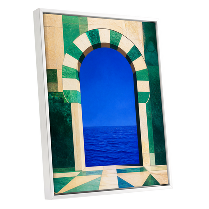 Emerald Sea Portal, blue, green, beige nature wall art shown as a white framed canvas wall art