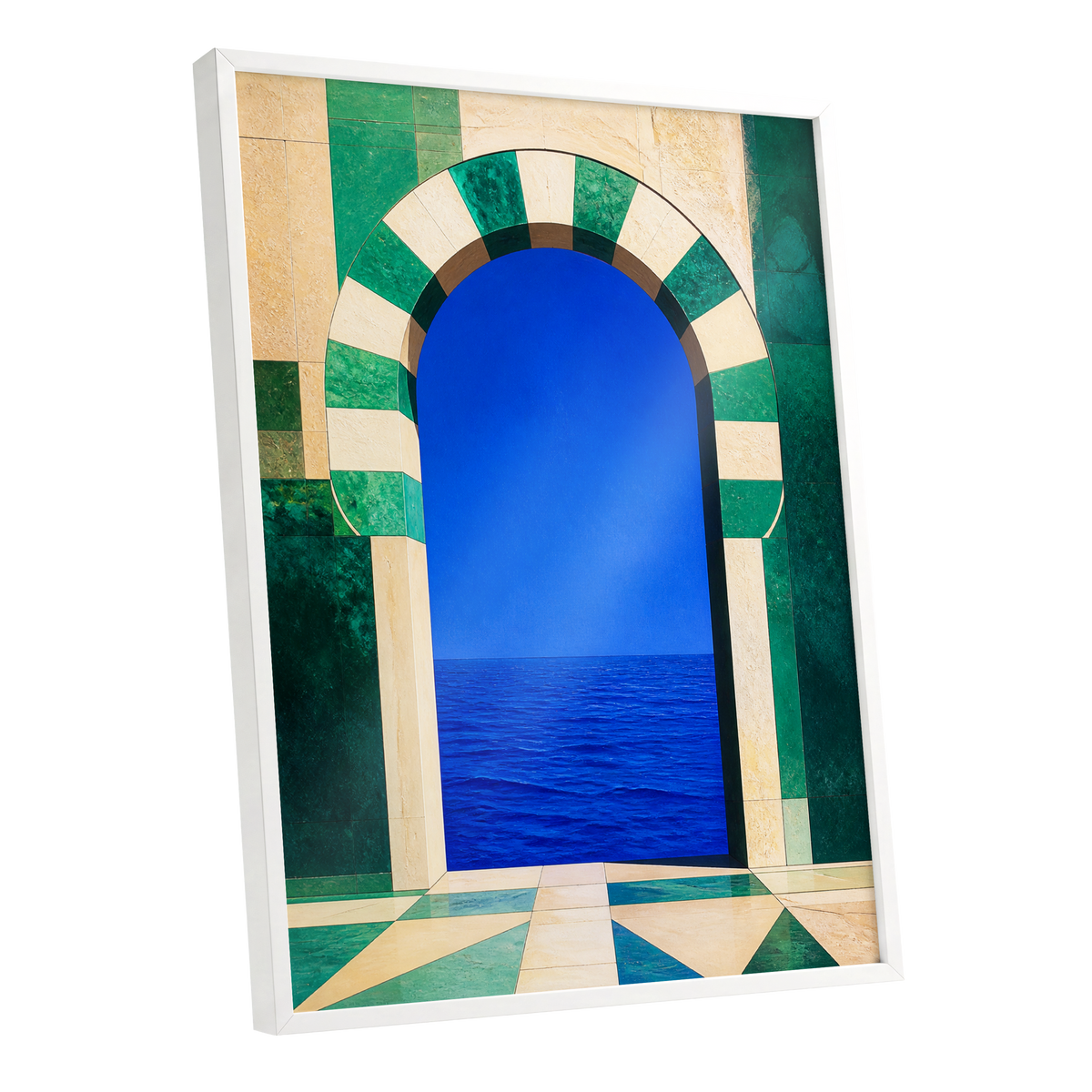 Emerald Sea Portal, blue, green, beige nature wall art shown as a white framed poster wall art print