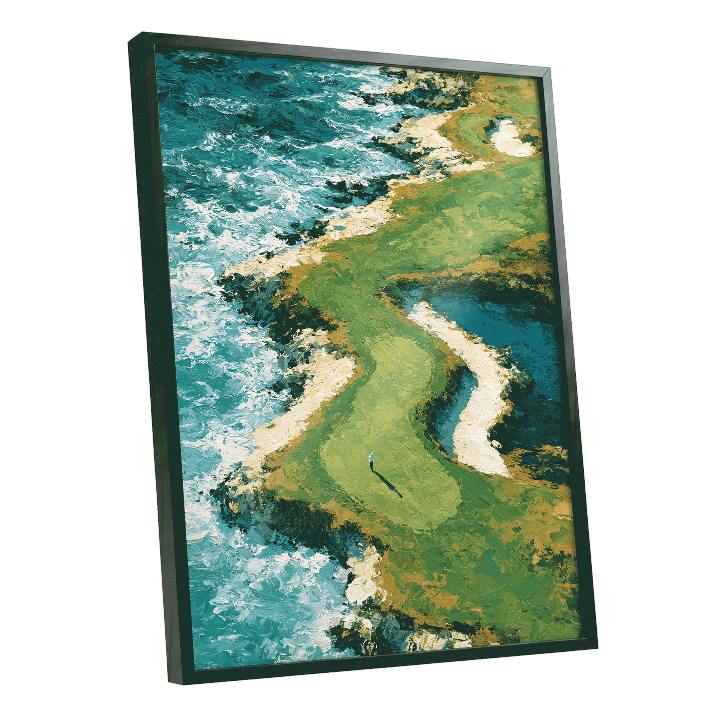 Emerald Tide, green, blue, white nature wall art shown as a black framed poster wall art print