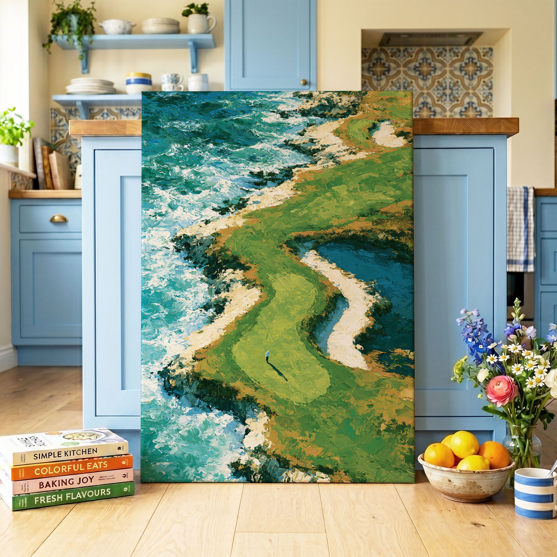 Emerald Tide, green, blue, white nature wall art on canvas displayed in a styled interior, gallery view 1