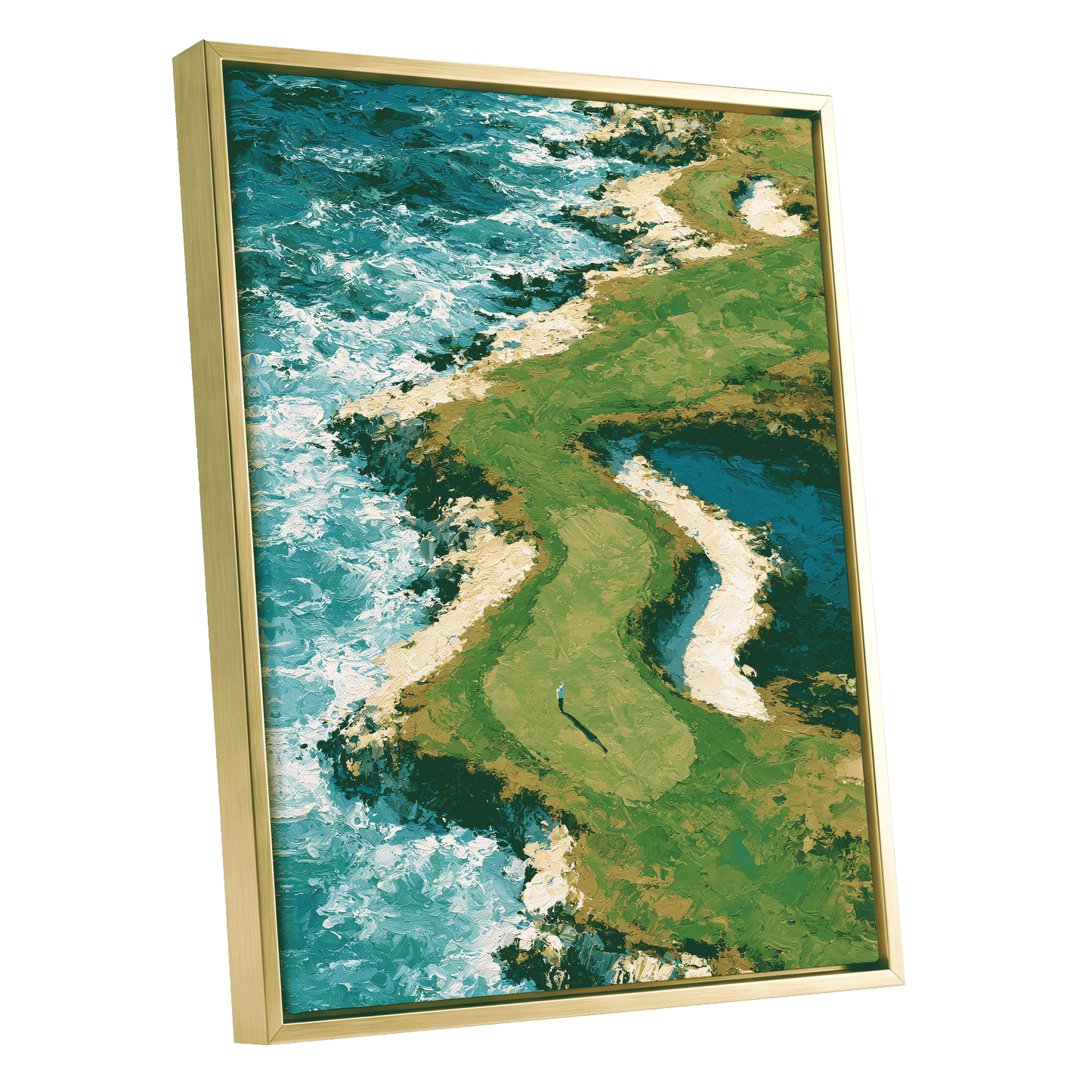 Emerald Tide, green, blue, white nature wall art shown as a gold framed canvas wall art