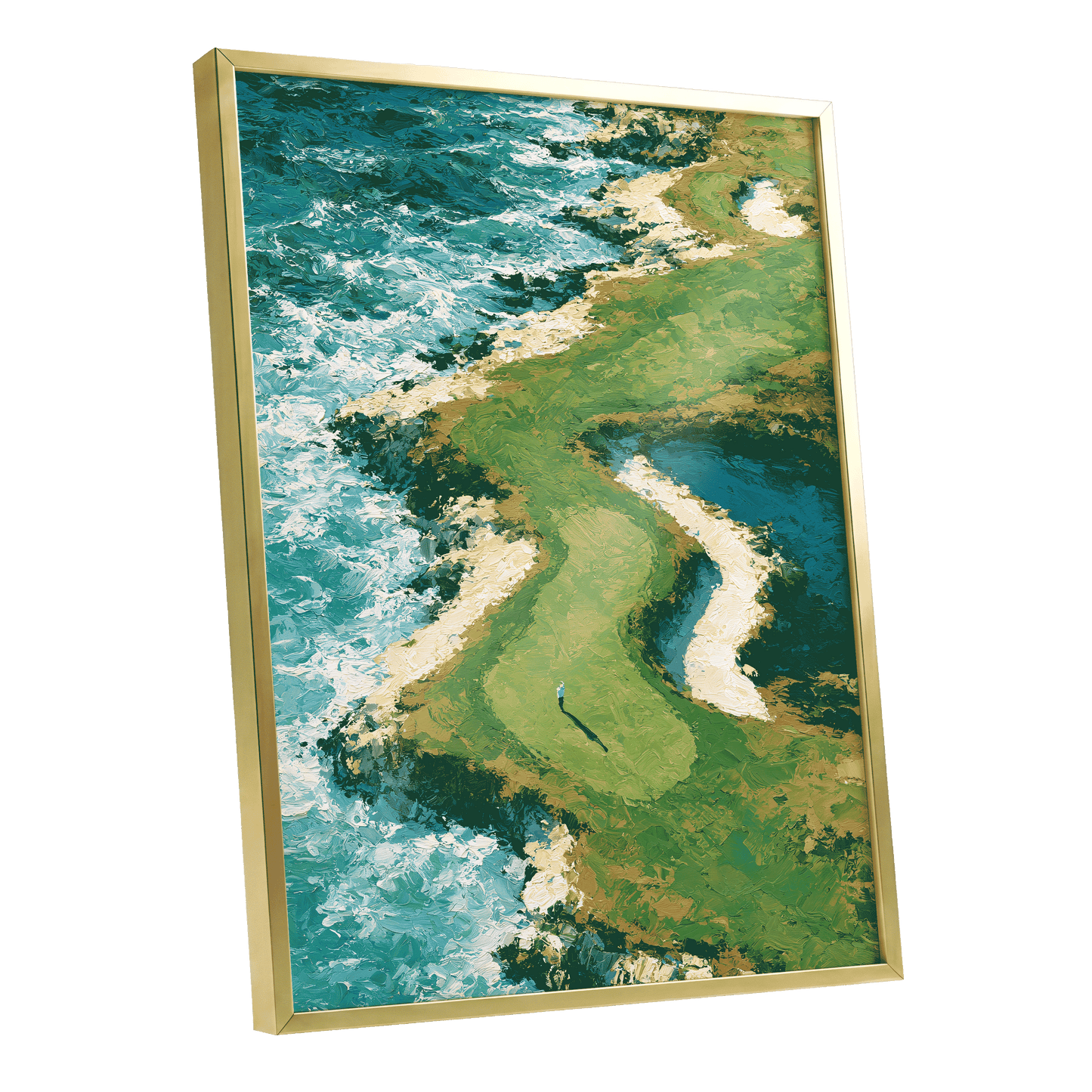Emerald Tide, green, blue, white nature wall art shown as a gold framed poster wall art print