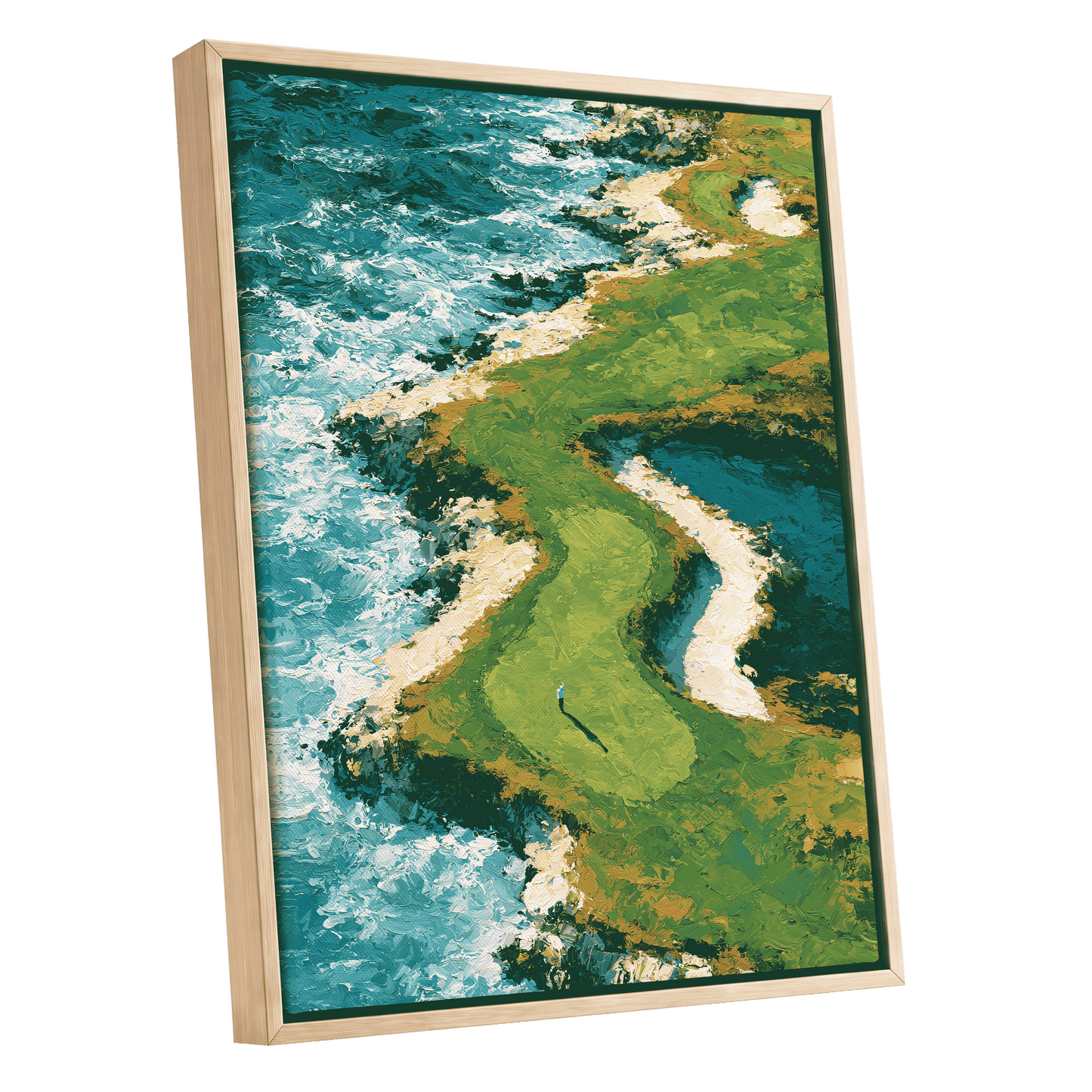 Emerald Tide, green, blue, white nature wall art shown as a oak framed canvas wall art