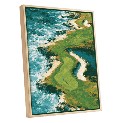 Emerald Tide, green, blue, white nature wall art shown as a oak framed canvas wall art