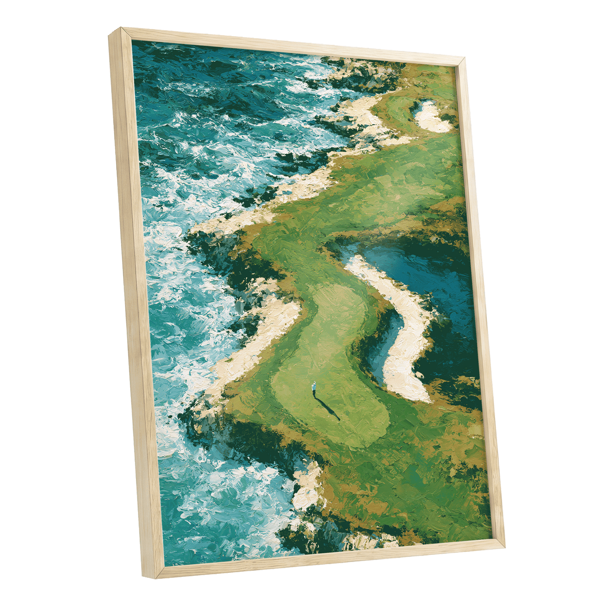 Emerald Tide, green, blue, white nature wall art shown as a oak framed poster wall art print