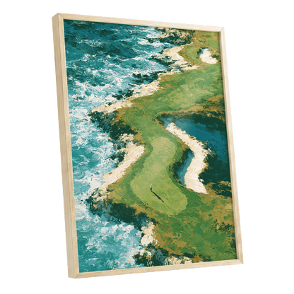 Emerald Tide, green, blue, white nature wall art shown as a oak framed poster wall art print