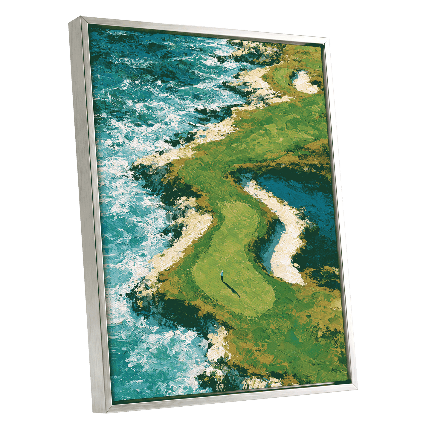 Emerald Tide, green, blue, white nature wall art shown as a silver framed canvas wall art