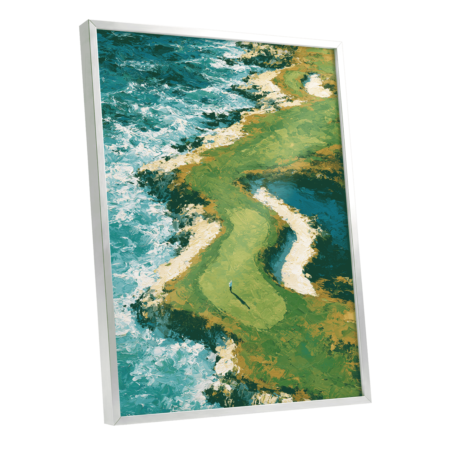 Emerald Tide, green, blue, white nature wall art shown as a silver framed poster wall art print