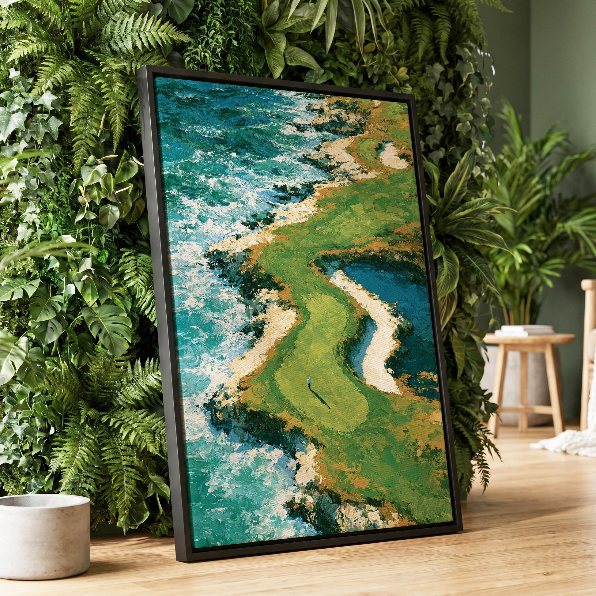Emerald Tide, green, blue, white nature wall art displayed in a styled interior, gallery view 1