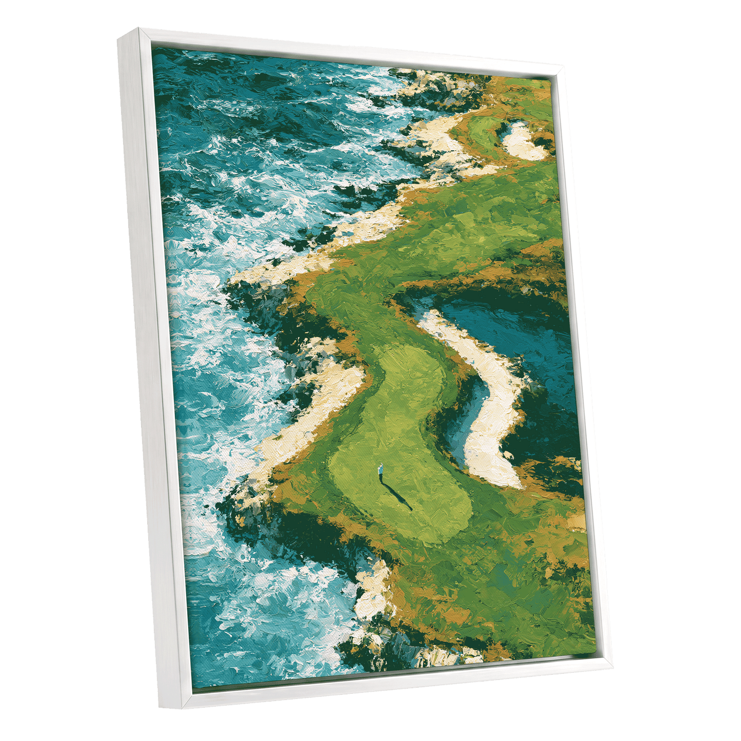 Emerald Tide, green, blue, white nature wall art shown as a white framed canvas wall art