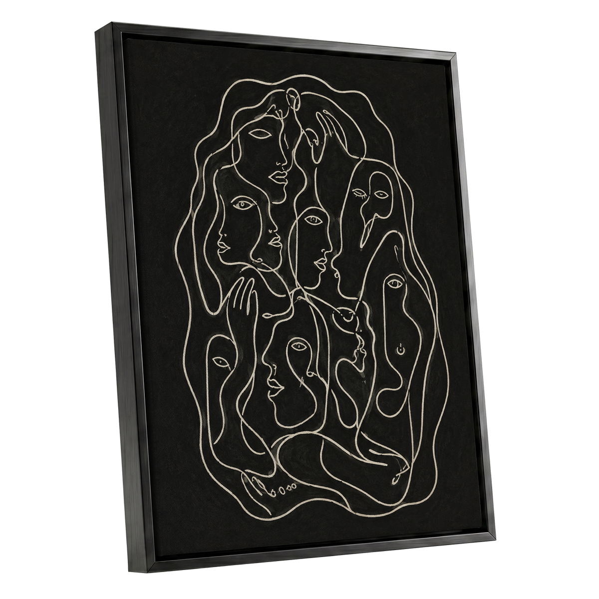 Entwined Contours, black, beige, gray abstract wall art shown as a black framed canvas wall art