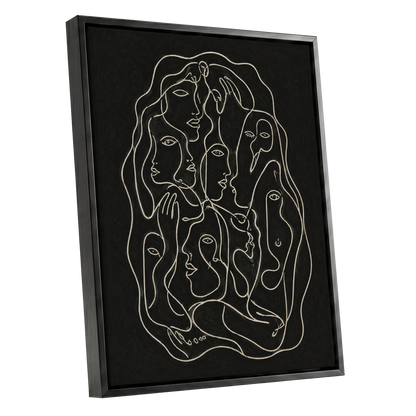 Entwined Contours, black, beige, gray abstract wall art shown as a black framed canvas wall art