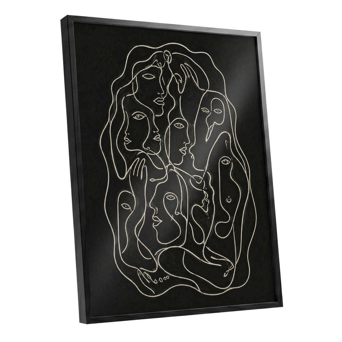 Entwined Contours, black, beige, gray abstract wall art shown as a black framed poster wall art print